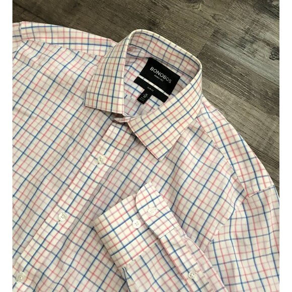 Bonobos Slim Fit Button Down Shirt Mens Size 15 White Pink Blue Checked 33 - Picture 1 of 5